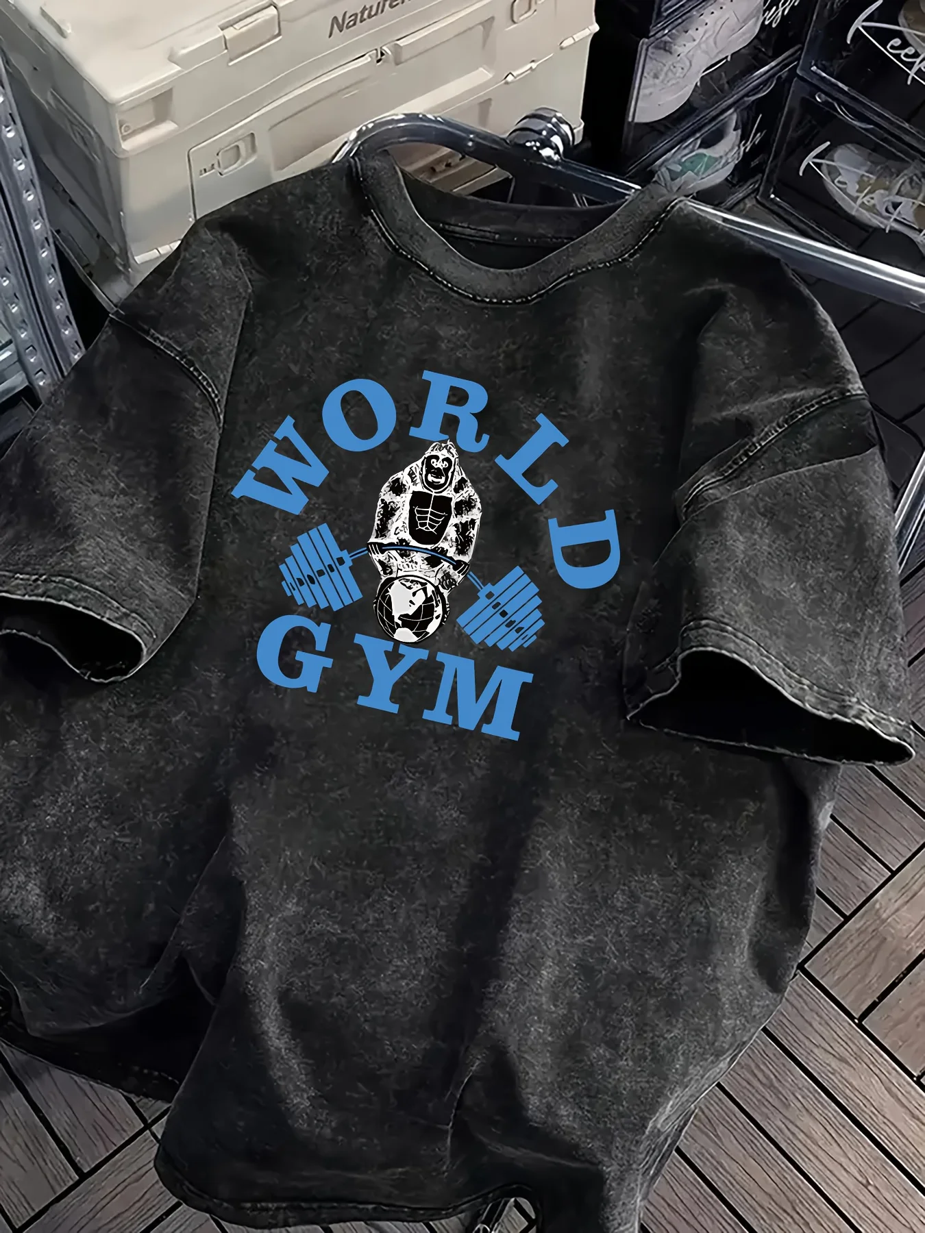 Vintage Acid Wash World Gym Gorilla Grafik T-Shirt Übergroßes Workout Casual Baumwoll-Oberteil für Männer Frauen Grafik T-Shirts Y2k Top – Detail 7