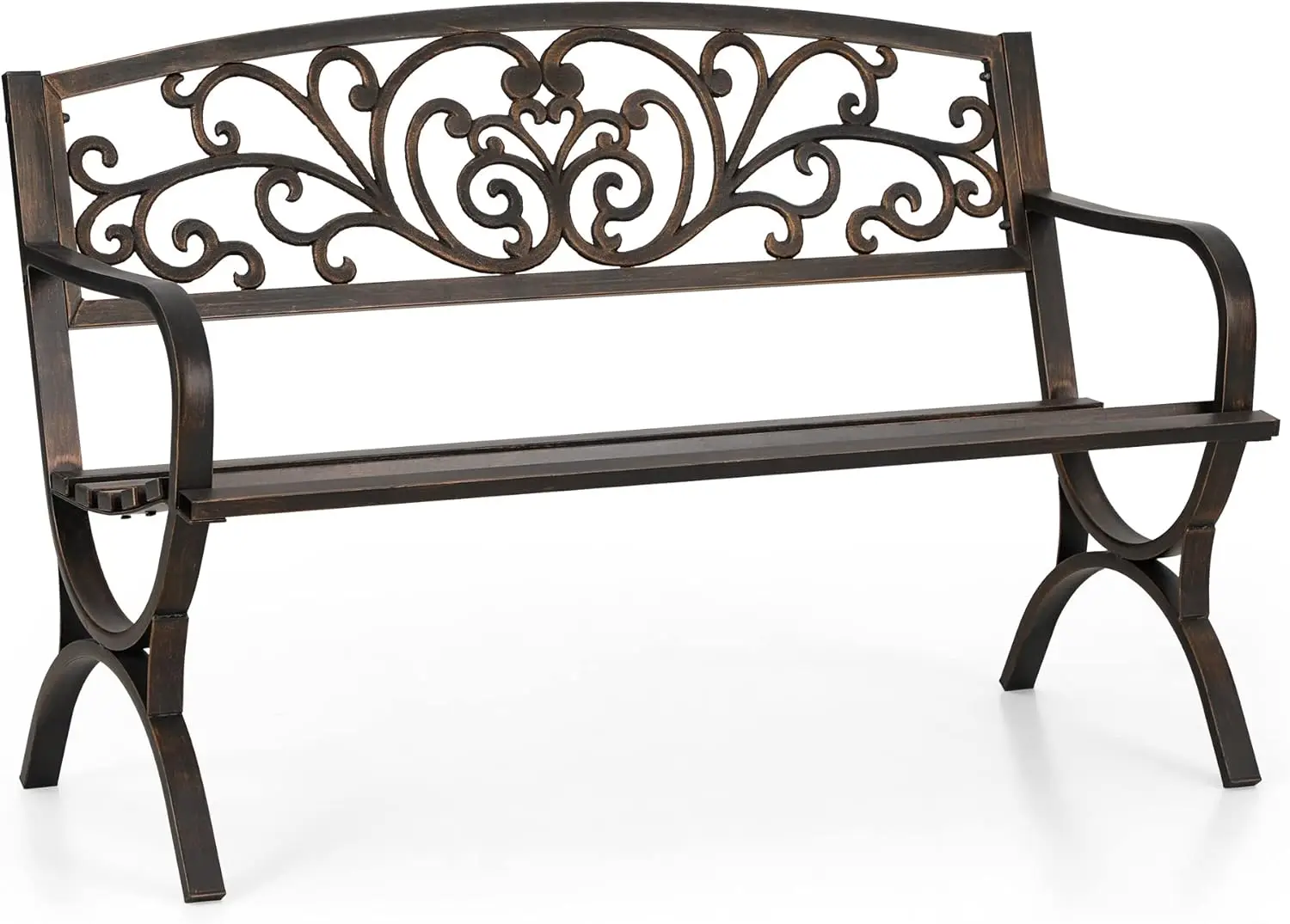 50Inch Cast Iron Steel Frame Garden Bench Patio Furniture Chair Outdoor Bench w/Floral Design Backrest, Slatted Seat f