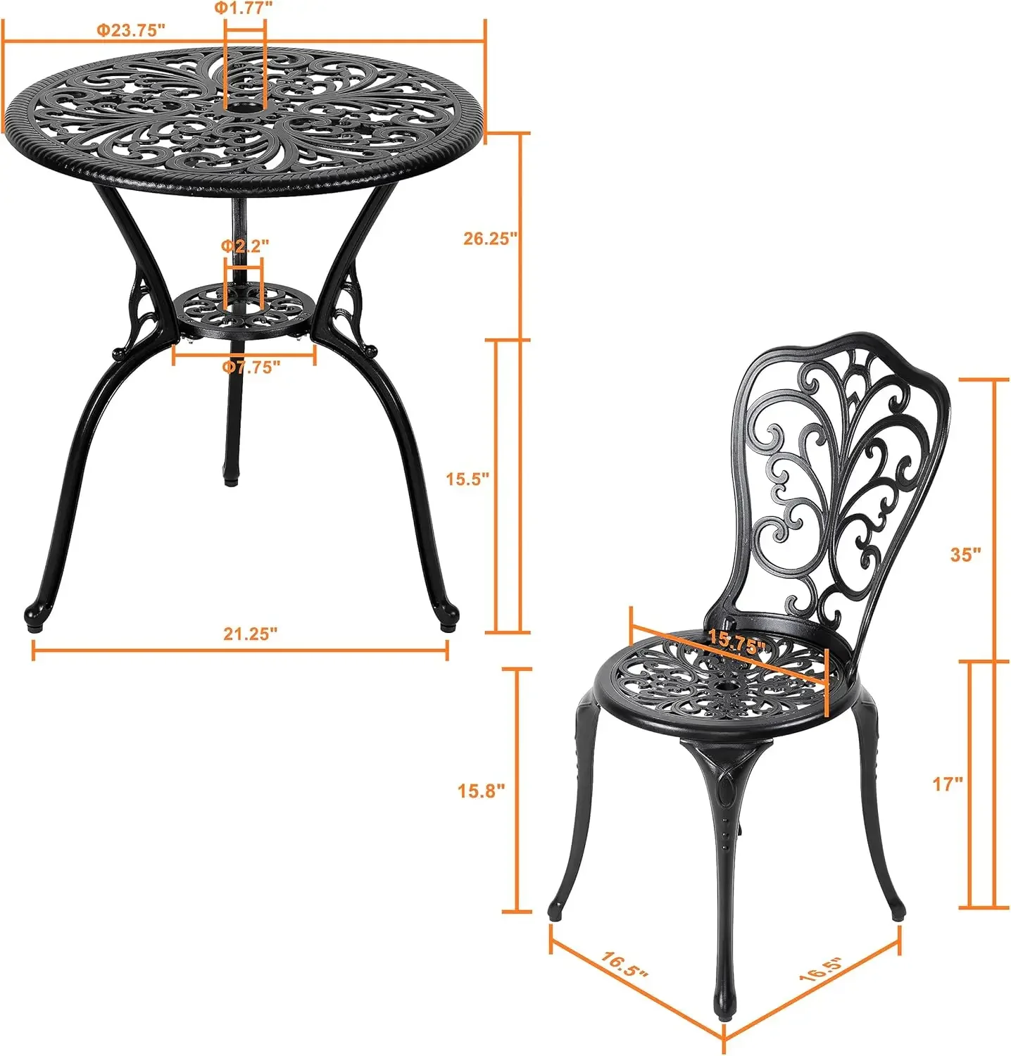 3 Piece All Weather Cast Aluminum Patio Bistro Sets Patio Table and Chairs Set of 2 with Umbrella Hole for Yard, Balcony, Black