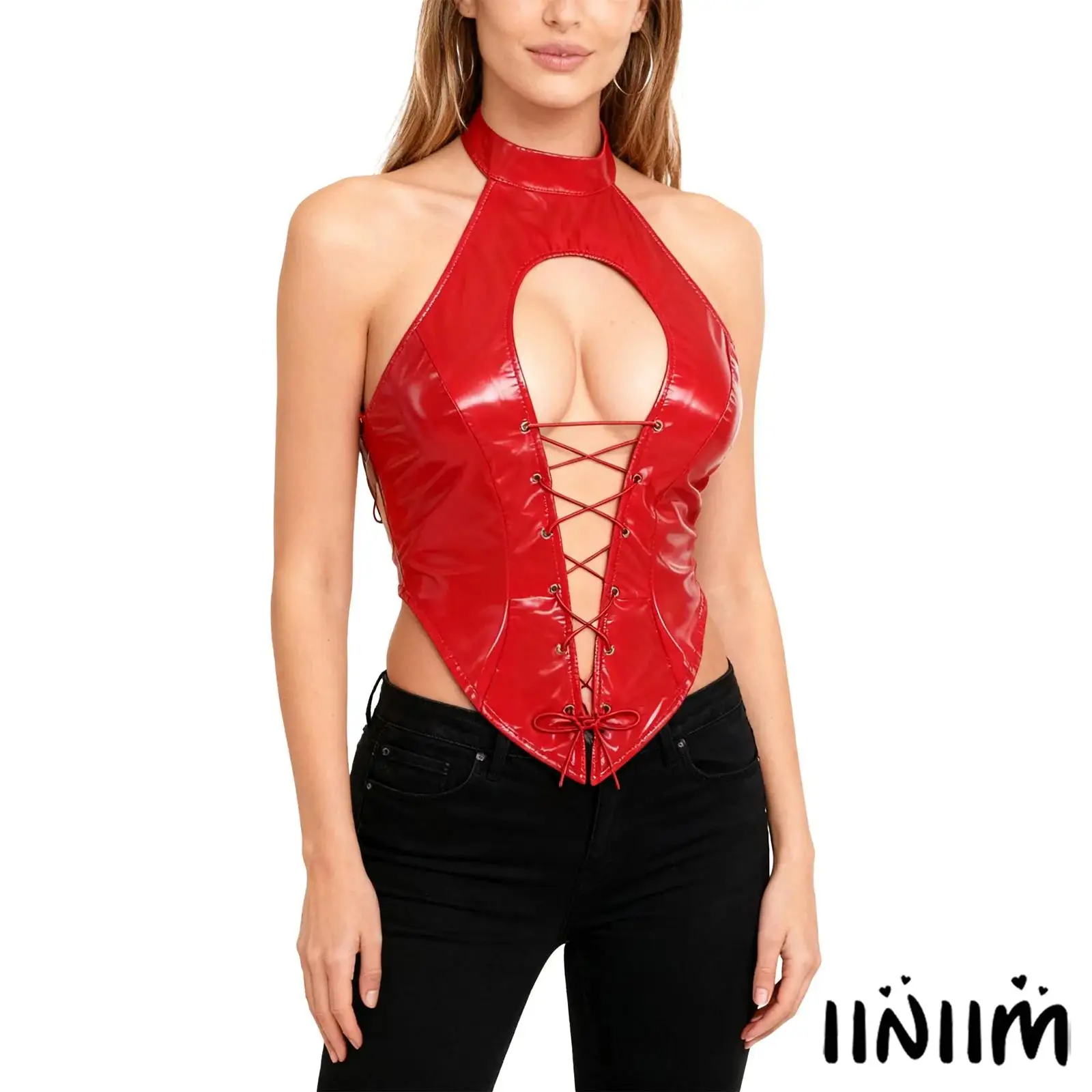 

Womens Edgy Punk Cropped Top with Strategic Cutouts And Lace Up Detail Glossy PU Halter Tank Top for Pole Dance And Nightlife