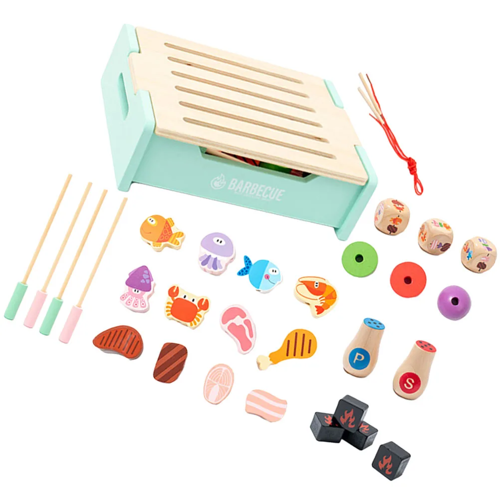 

Wooden BBQ Grill Toy Kids Blue Kitchen Pretend Play Parent child Interactive Set Safe Wood Material Realistic on