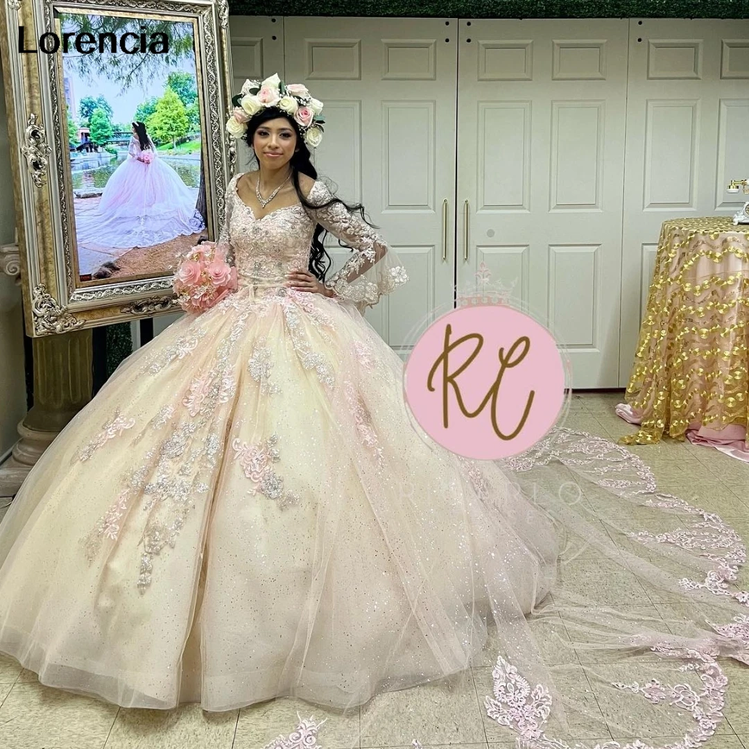 Personalizado brilhante rosa quinceanera vestido de baile manga longa renda applique frisado espartilho doce 16 vestidos de 15 anos yqd852