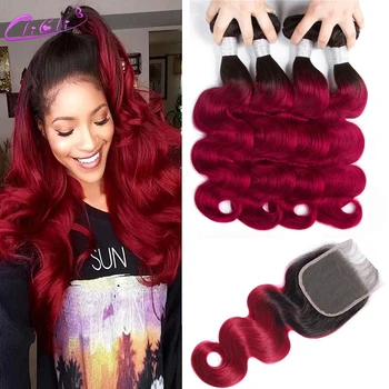 1B 버건디 번들 클로저 포함, 옴브레 컬러 레드, 클로저 로우 인디언 바디 웨이브, 인모 확장 번들, 2/3/4