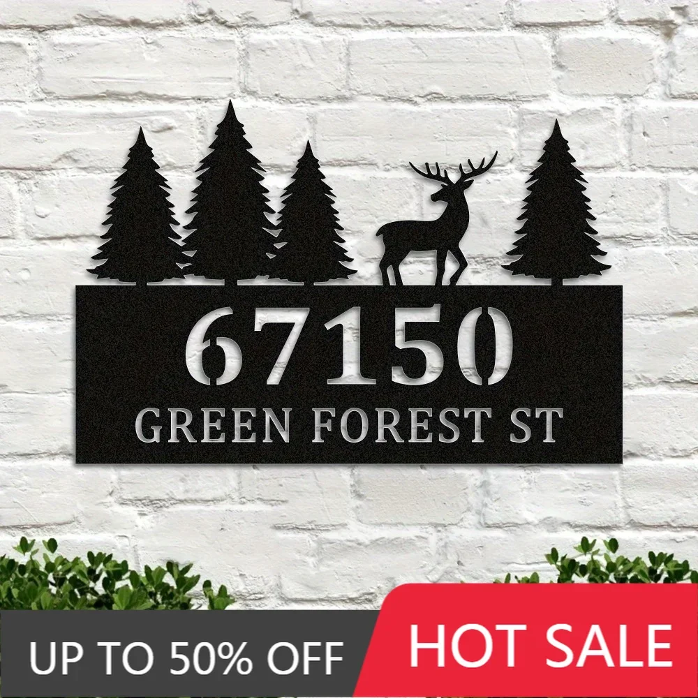 

Forged Custom Iron Art Unique Country Style Metal Elk Address Marker Customizable with Fir Trees Durable Wall Art for Home Entra