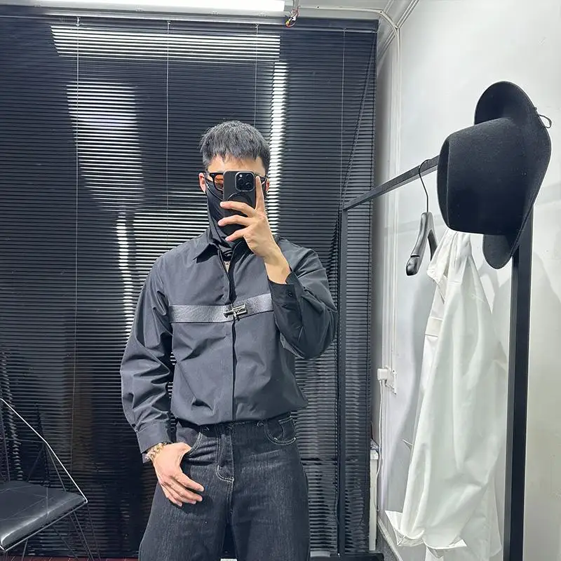 Loose Long-Sleeved Shirt Men's Fashionable Avant-Garde Metal Leather Ring Stitching Design Fashion Pu Shuai Celebrity Blouse