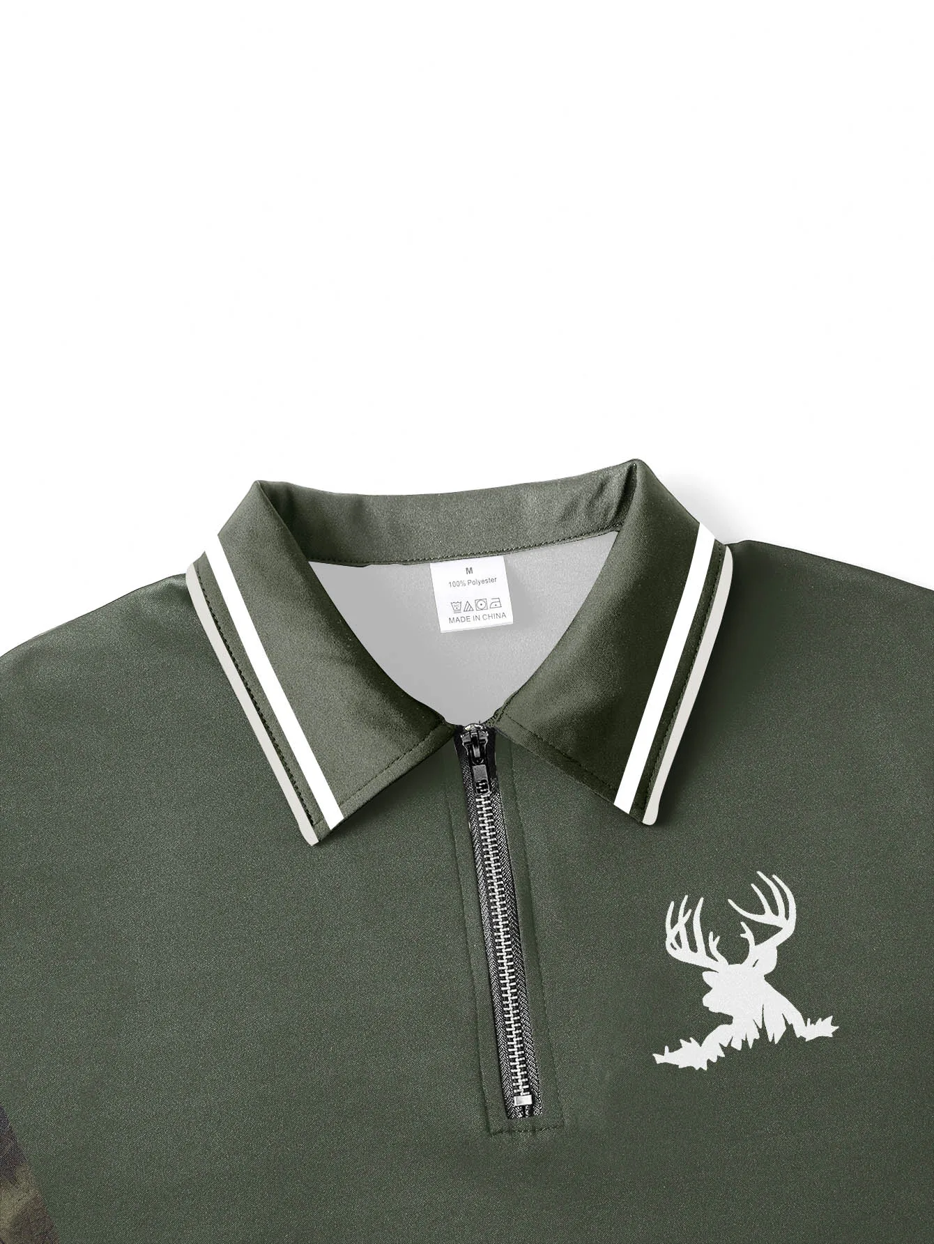 Outdoor-Stil, Camouflage-Nähte, Poloshirt, halber Reißverschluss, Hirschkopf-Druck, Top für Herren, lässig, Jagd-Stil, kurze Ärmel – Detail 3