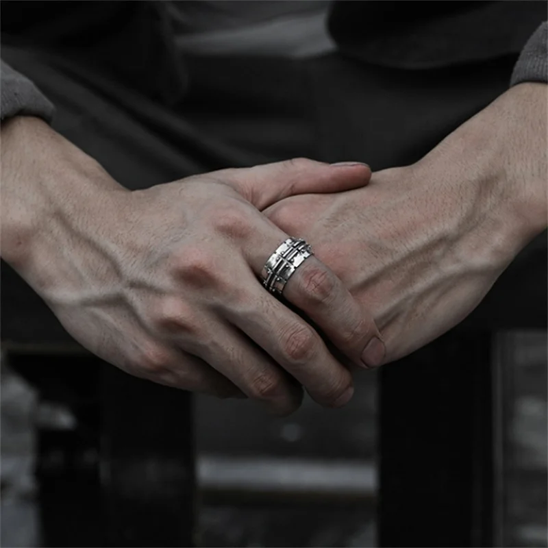Personality Mechanical Pattern Ring For Men Hand Accessories Vintage S925 Ring Male Jewelry Opening Size
