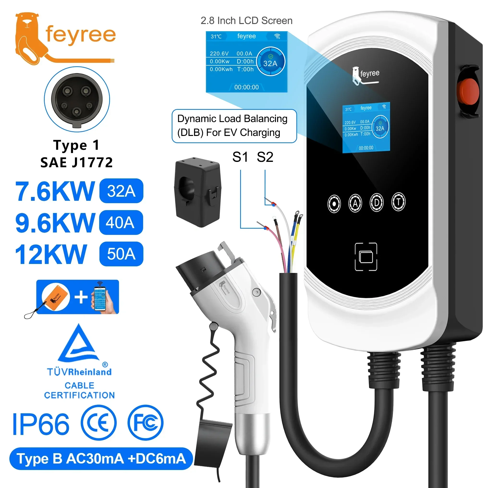 feyree DLB EV Charger Type1 EVSE Wallbox 32A 7.6KW 40A 9.6KW 50A 12KW 1P j1772 Adapter APP Control for Electric Vehicle Car