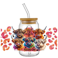 Highland Cattle Decal 3D Washable UV DTF Cup Wrap for 16oz Libbey Glasses DIY Selfadhesive Cute Cow Transfer Sticker