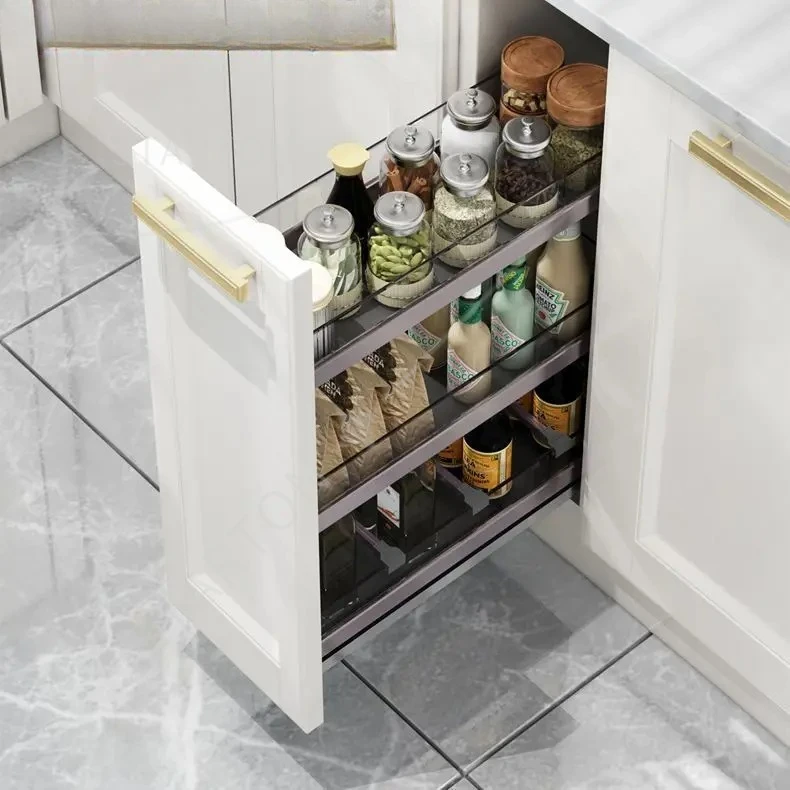 Kitchen Cabinet Narrow Cabinet Bottom with Amethyst Pull Basket Glass Narrow Seasoning Basket Pull Seasoning