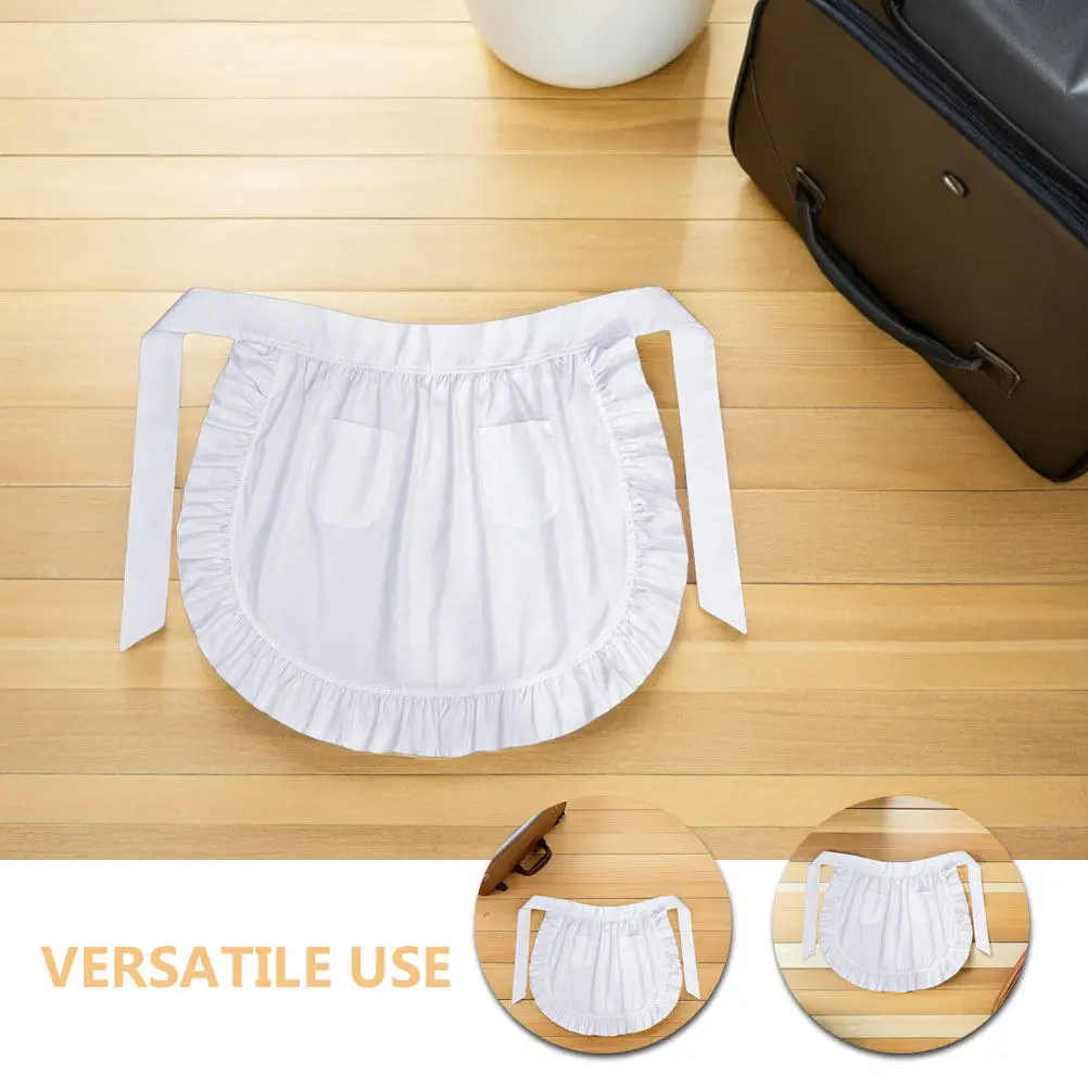 White Maid Apron European Style Half Waist Apron Two Pockets Kitchen Cooking Baking Serving Waitress Ruffled Edges