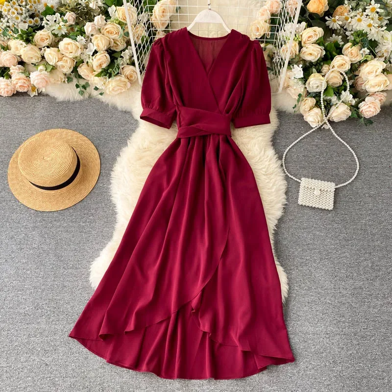 Women\'s Dress Spring New Temperament V-neck Solid Color Bubble Short-sleeved Irregular Ruffle Edge Lacing Dress Leisure Vestidos
