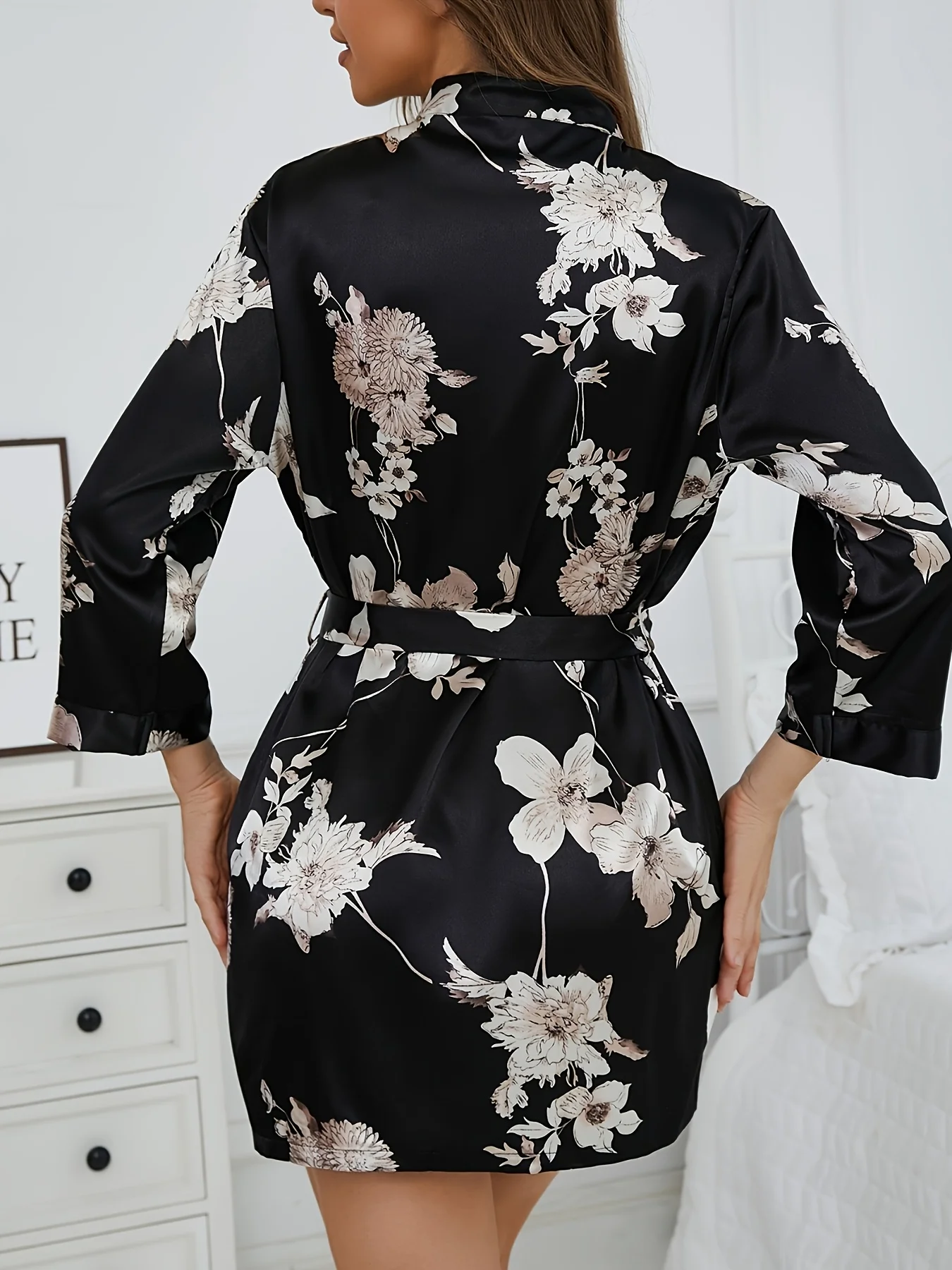 New black floral print elegant robe, with a waist tie, suitable for all seasons, comfortable fabric can be worn outside, perfect as a holiday gift or loungewear