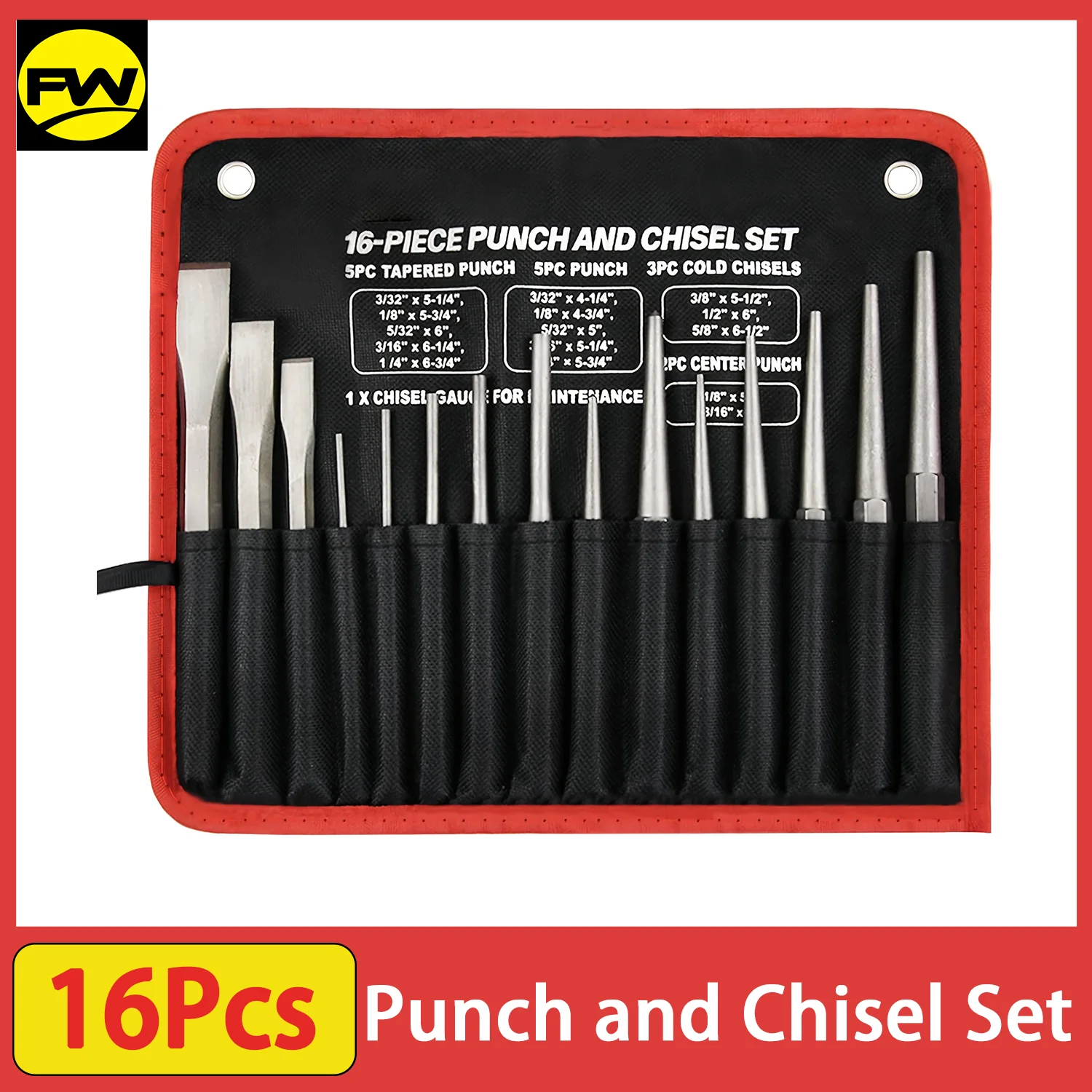 16Pcs Punch and Chisel Set With Storage Pouch, Including Taper, Cold Chisels, Pin, Center, Chrome Vanadium Steel