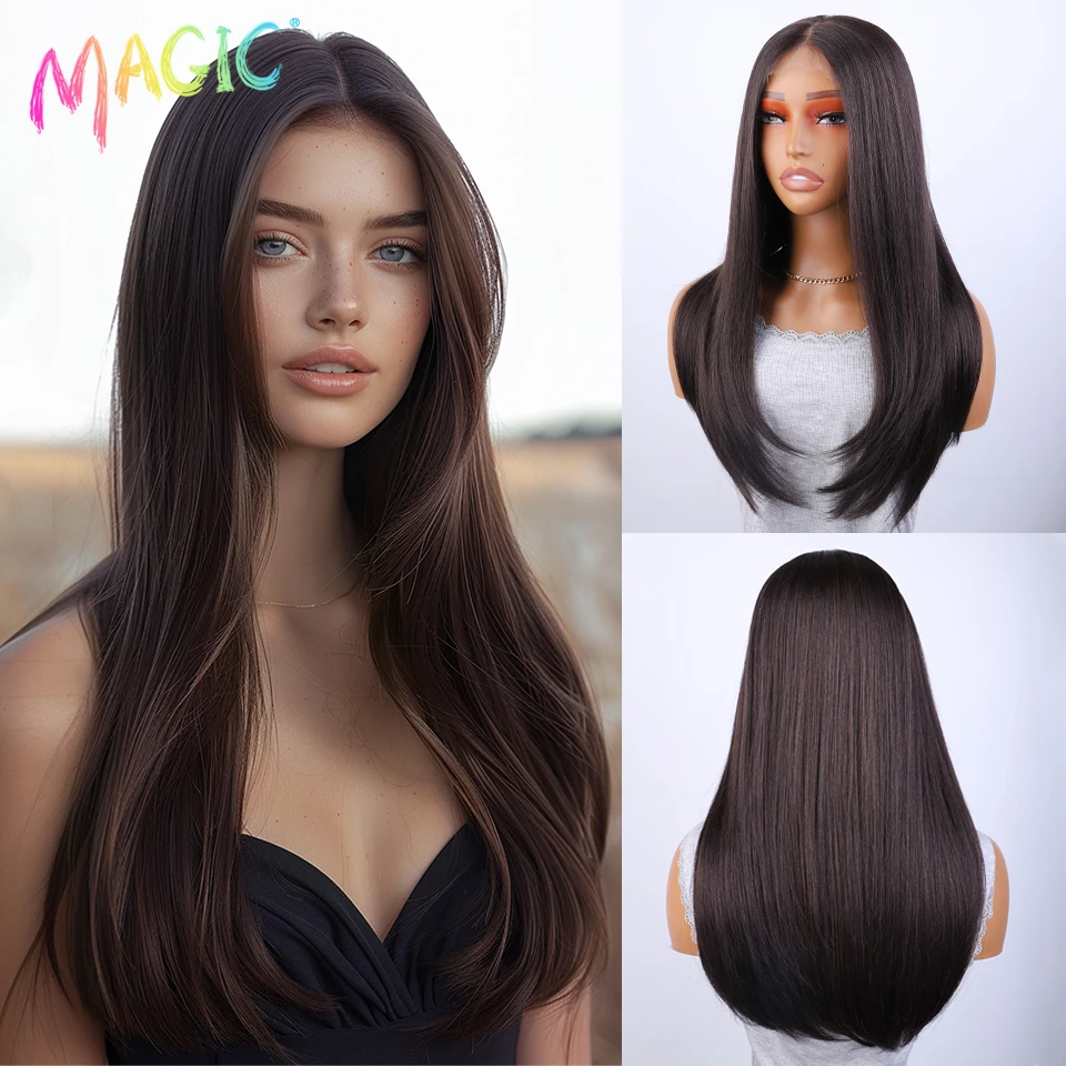 Magic Synthetic Lace Front Wig Hair Straight Baby Hair Bob Wig Syntetyczna peruka do włosów 22" Brązowa peruka Bob Peruka dla kobiet Cosplay Peruka