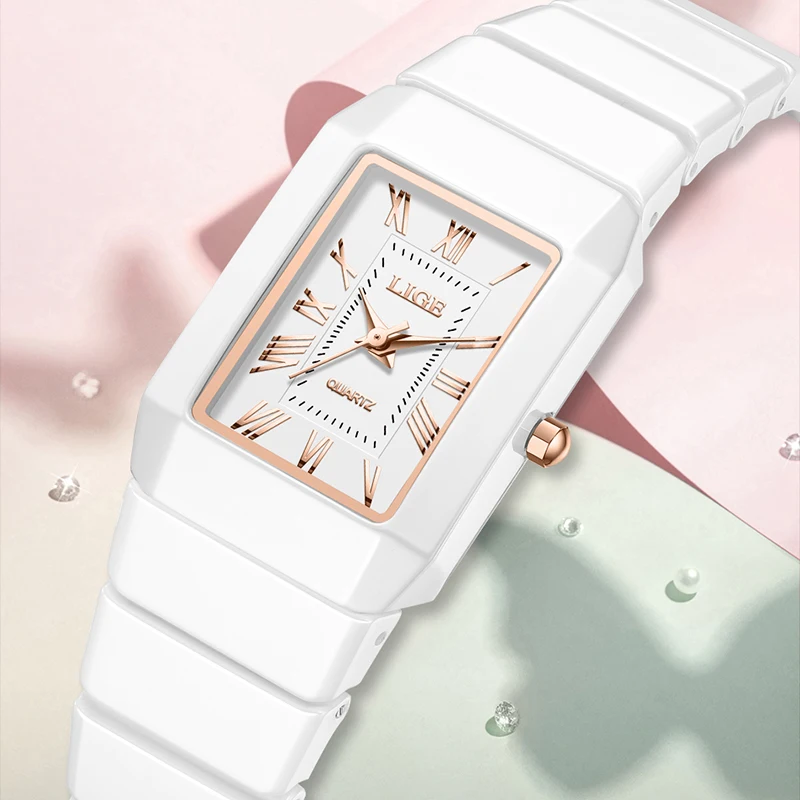 LIGE Fashion Elegant Quartz Woman Watch Square Top Brand Luxury Ceramic Waterproof Simple Dial Watches for Women Ladies Gifts Ne