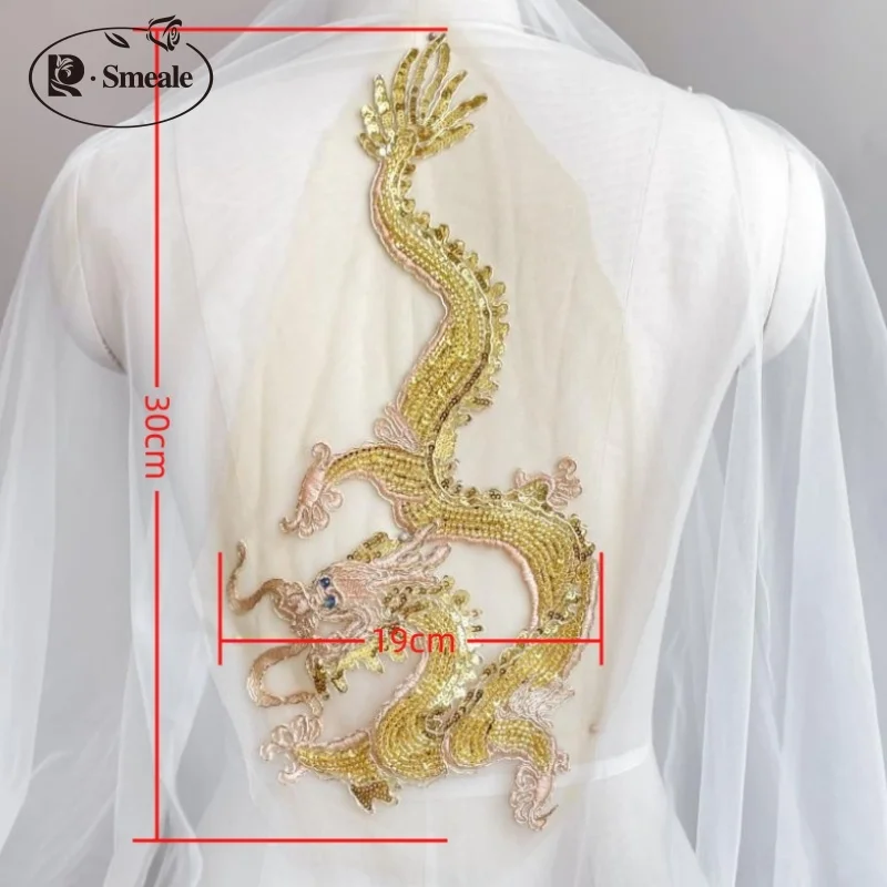 Goldener chinesischer Drachen patch, Hand gefertigte Rohr perle, Pailletten-Spitzen gewebe, RS4248, 38 * 19C, 2 Stück, 1 Paar – Detail 3