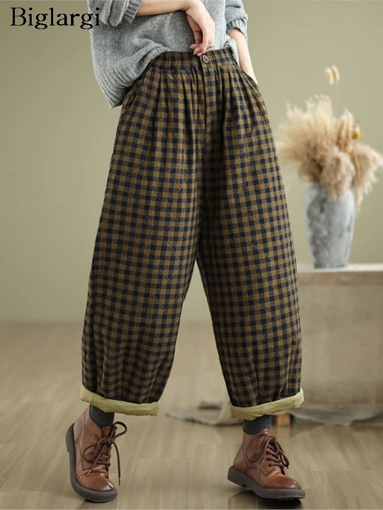 

Oversized Autumn Winter Padded Cotton Pant Women Plaid Print Fashion Elastic Waist Ladies Trousers Wide Leg Loose Woman Pants