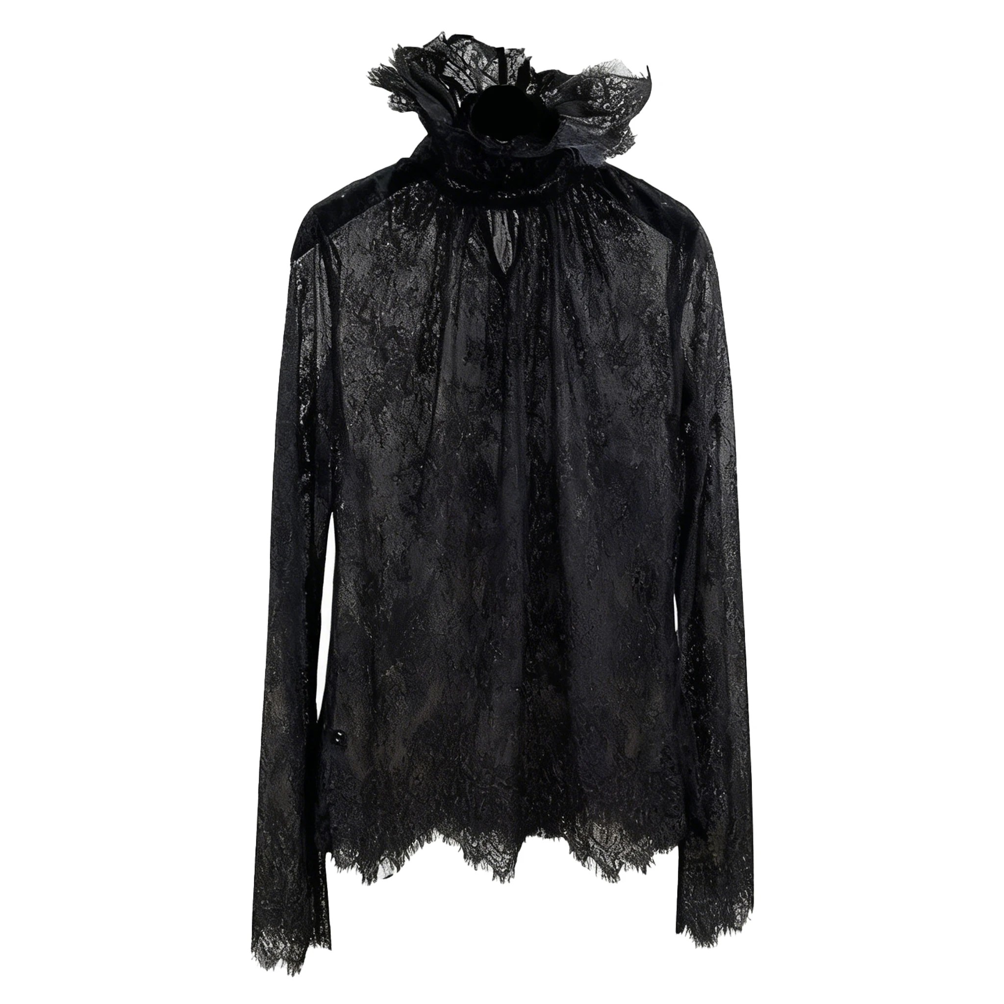 

NIGO Winter Women's Black Lace Blouse with Ruffled Turtleneck Sheer Long Sleeve High Comfort Top for Evening Party #NIGO9514Z