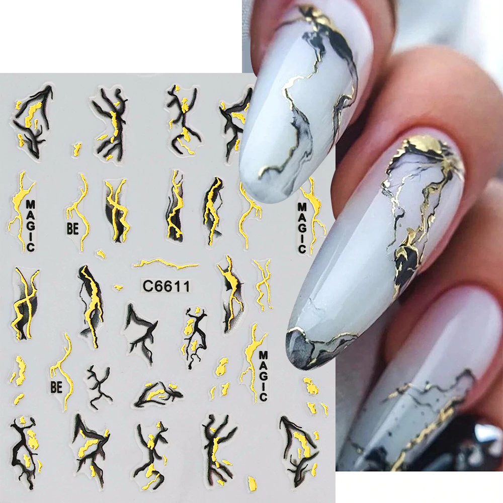 Autocollant pour ongles ligne ondulée dorée 3D, marbre bleu, géométrie, fleurs abstraites, curseur pour Nail Art, feuilles de décalcomanies, décorations de manucure CHTH