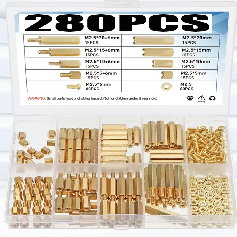 280pcs M2.5 Hex Nuts Solid Brass Copper PCB Board Hex Hexagon Standoff Pillar Spacer Column Screw Nut Assortment Kit Set