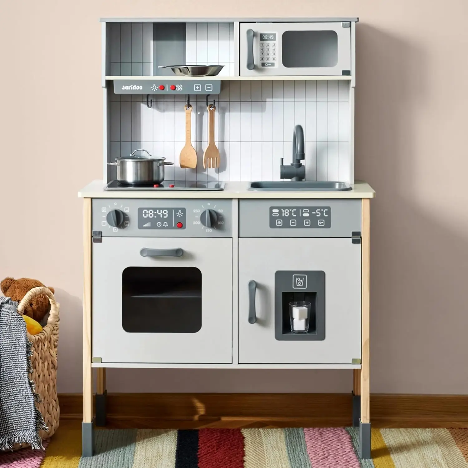 Kids Wooden Play Kitchen, Realistic Toy Kitchen Playset with Light-Up Oven, Microwave, Sink, Ice Maker and Kitchen Accessories,
