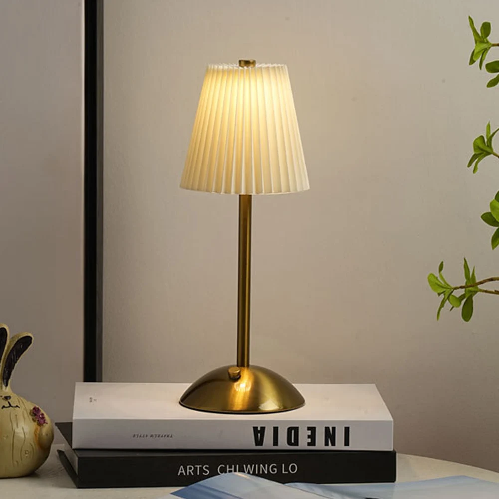 Pleated Shade Nightstand Lamp Soft Light Decorative Light with Metal Base Rechargeable for Living Room Bedroom