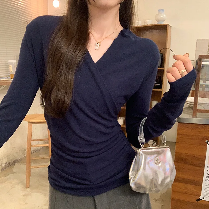 Casual Korean OL Women's Surplice Sve T-shirt Autumn Medium Plain Long Sleeve V-neck Polyester Fiber Washed Style Q240556