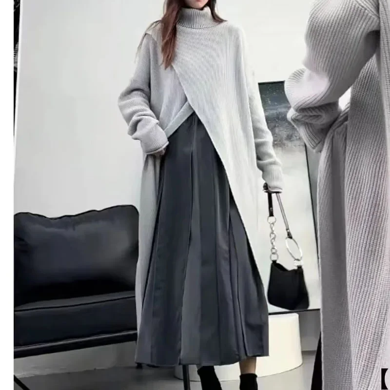 Design Sensibility High-End Feel Elegant Medium-Length Sweater For Women Loose-Fit Slimming Autumn 2023 New Top Trendy Side Slit