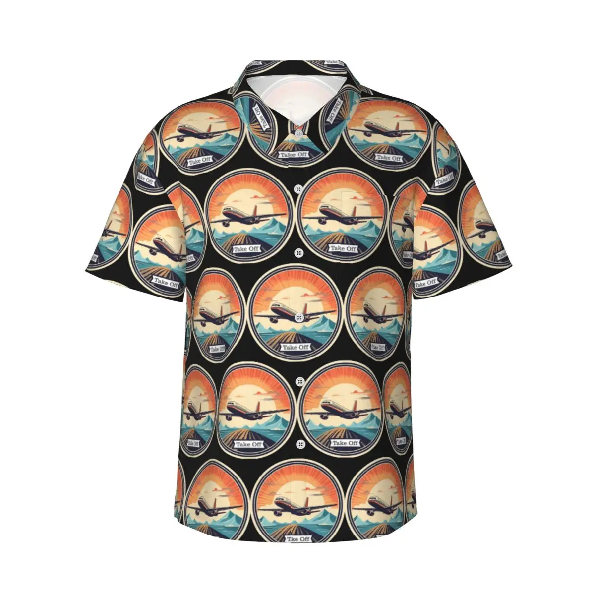 

Vintage Airplane Taking Off Men's Shirts Hawaiian Short Sleeve Shirt Casual Lapel Tops for Summer Beach