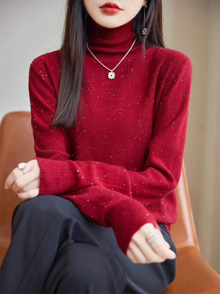 New Spring Autumn 100% Merino Wool Women Sweater Turtleneck Long Sleeve Stars Solid Color Pullover Comfortable Soft Fashion Tops