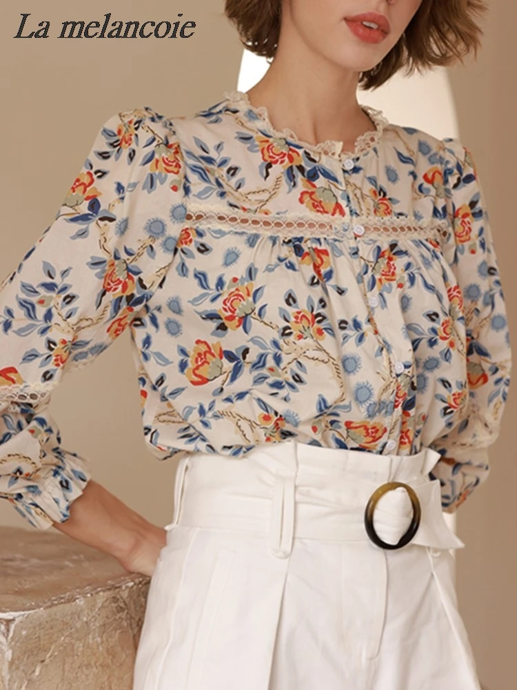 

French Flowers Print Shirt Women Spring Summer 2024 Lace Splicing Wood Ear Collar Cotton Shirts Fashion Retro Loose Blouse Tops