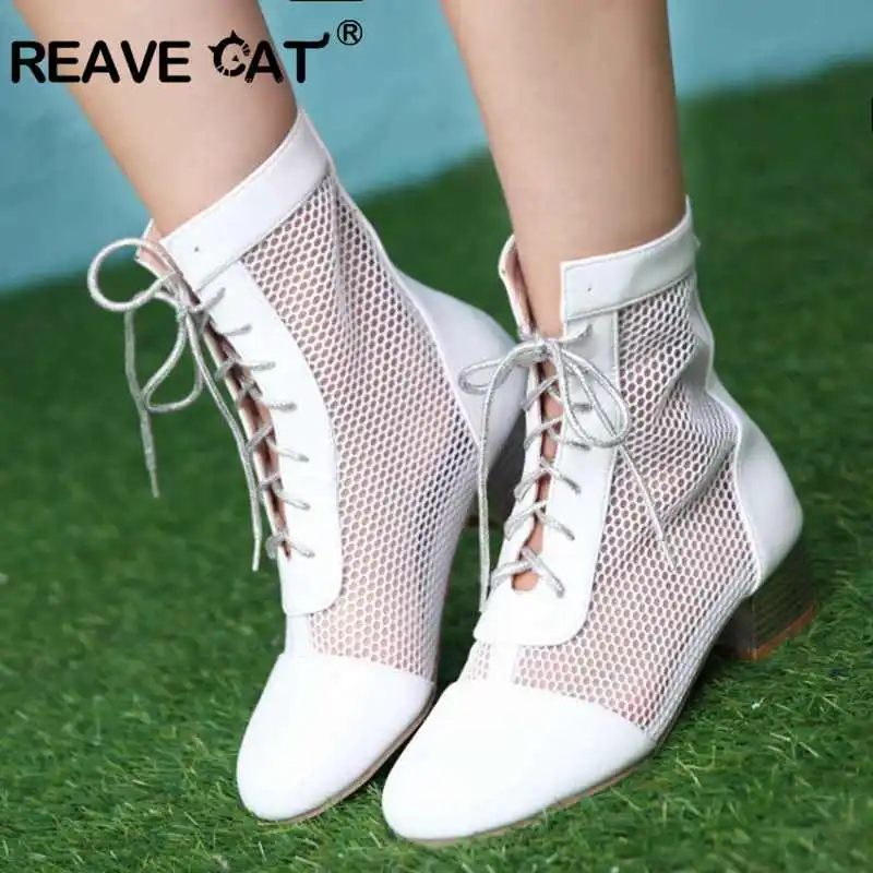 REAVE CAT brand women Summer Ankle Boots Black white breathable mesh lace up flatshoes Thick heel Botas feminino duży rozmiar 45