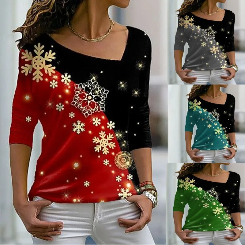 

Autumn Spring New Women's Long Sleeve Christmas Print Diagonal Neck T-Shirt Female & Lady Casual Tops Shirts