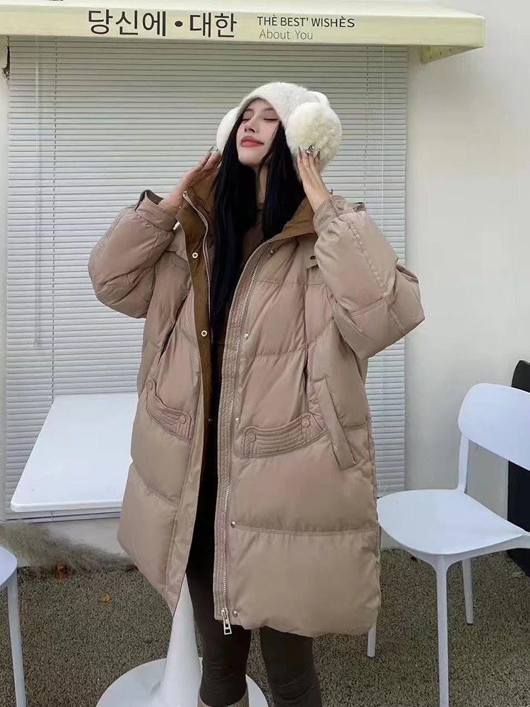 الشتاء فضفاض مقنعين منتصف طول أسفل سترة المرأة الأبيض بطة أسفل الصلبة سستة باركر أبلى الإناث رشاقته الدافئة جيب جاكيتات