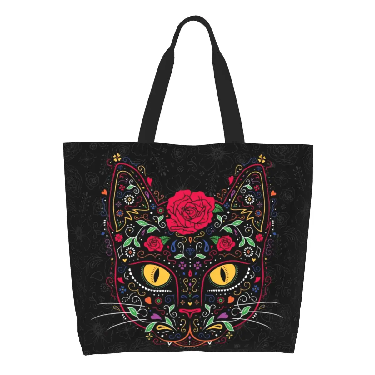 Day Of The Kitten Cat Grocery Shopping Bag Cute Printed Canvas Shopper Tote Shoulder Bag Big Capacity Mexican Floral Handbag