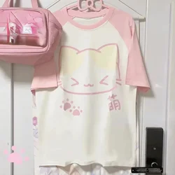 Japanese Grunge T-shirt Y2k Aesthetics Harajuku Anime Cartoon Cat Tops Tees Short Sleeve Women Kawaii Clothing Streetwear