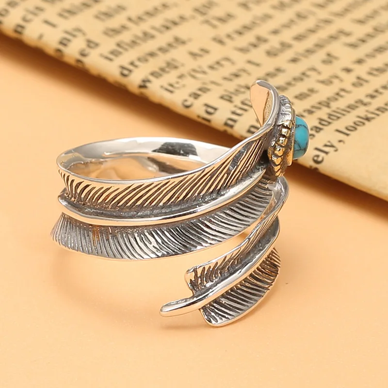 S925 silver opening feather open ring men's vintage Thai Silver fashion ornament handmade turquoise ring