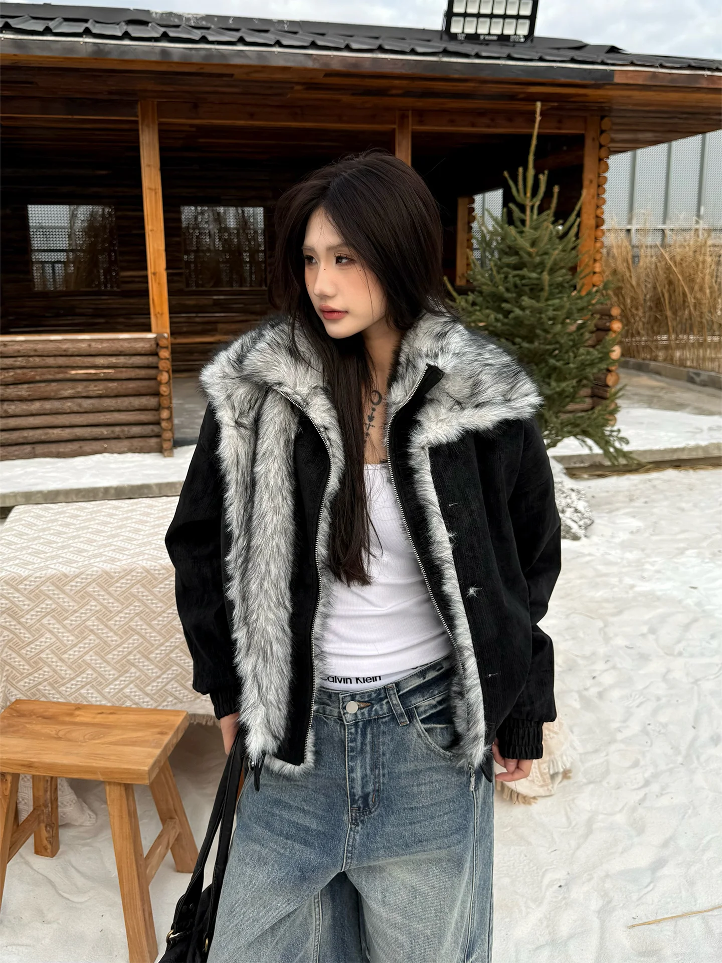 

Don Cry Thiened Double Layer Fur Collar Men's Jaet Loose Warm Deconstructed Faux Fur Outerwear Street Sle Cotton Coat