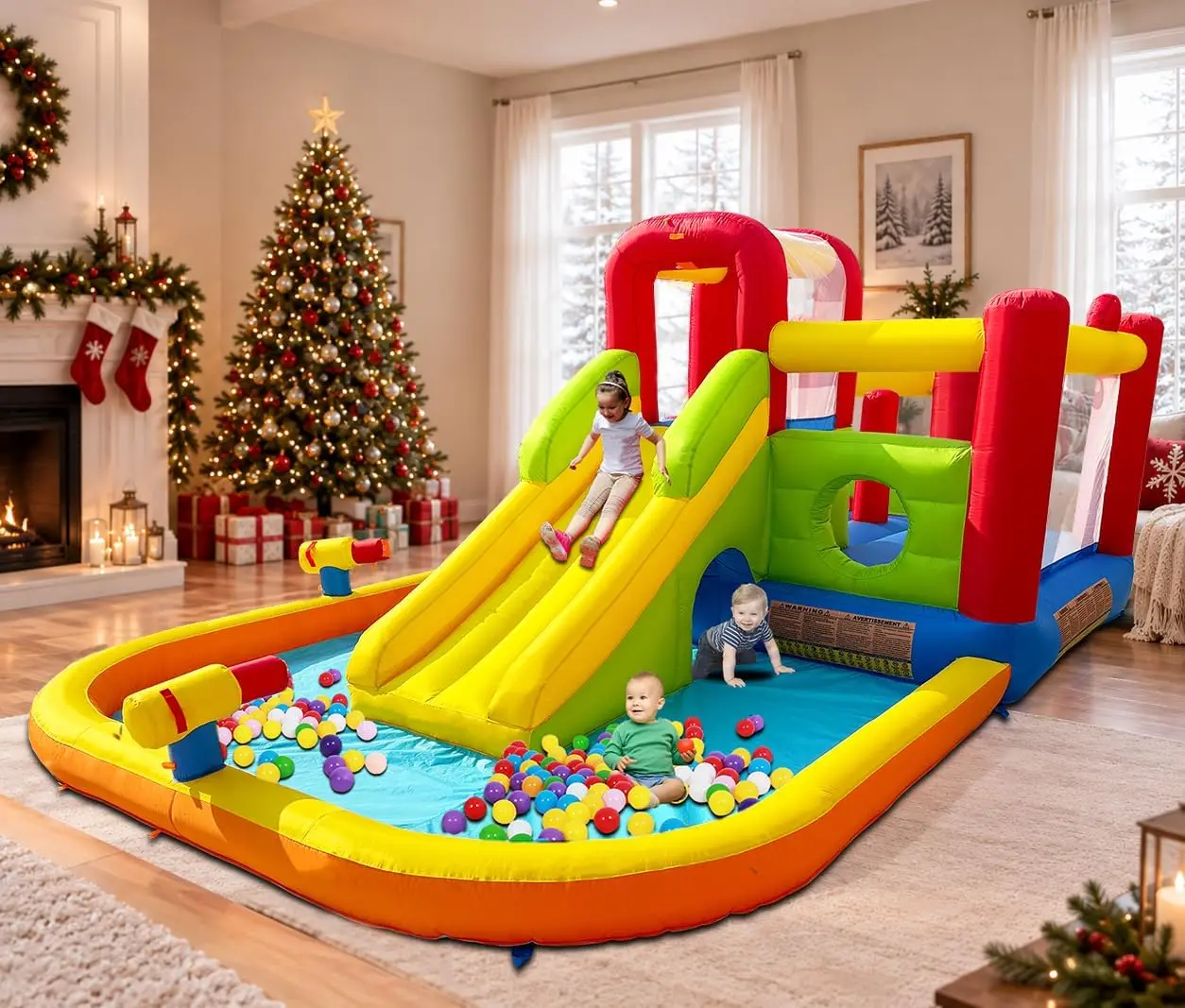 Kids Inflatable Water Slide Bounce House, 12-in-1 Blow Up Water Park Castle with Splash Pool, Dual Cannons, Two Climbing Walls, Tunnel, Obstacles, and Blower Included