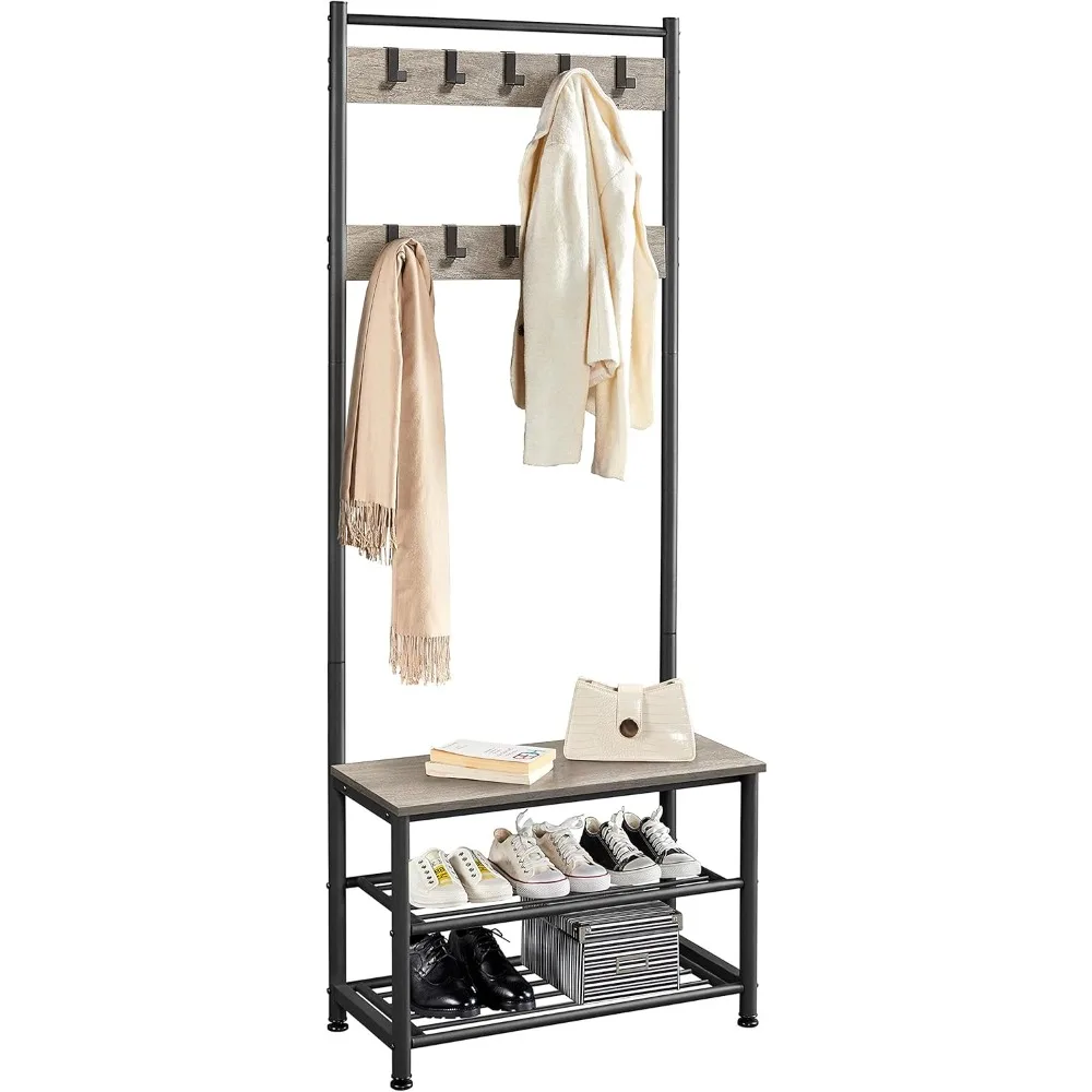 

3-In-1 Hall Tree Coat Rack with Shoe Storage Bench, Entryway Coat Rack Shoe Bench with 9 Movable Hooks, Easy Assembly