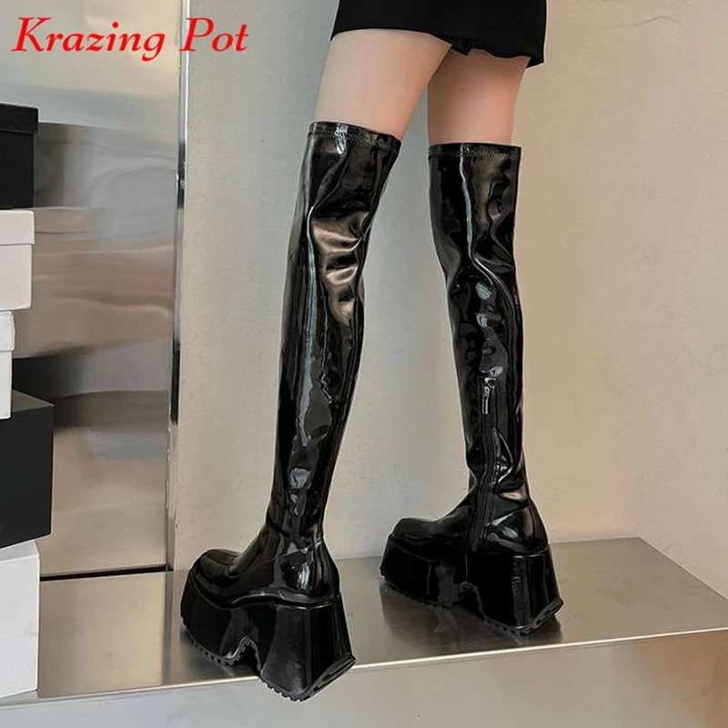 Krazing Pot Microfiber Square Toe Super High Heels Winter Elastic Boots Platform Stovepipe Brand Waterproof Over-the-knee Boots