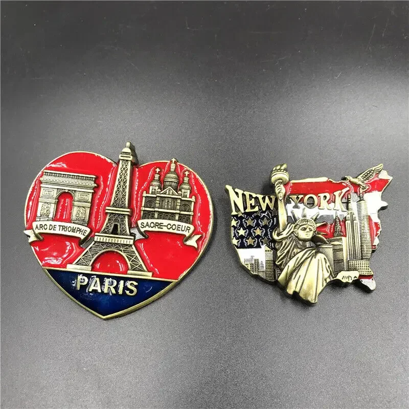 New York Paris Tourist Souvenirs USA France Theme Metal Fridge Magnet Stickers