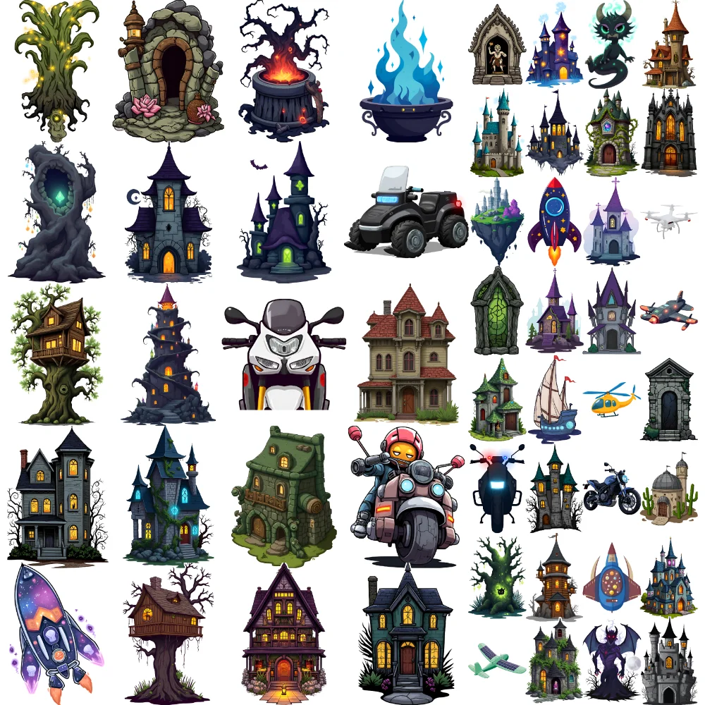 54pcs Temporary Tattoo Spooky Castle Cartoon Gothic Mansion Flying Drone Temporary Tattoo Stickers Haunted House For Cheeks