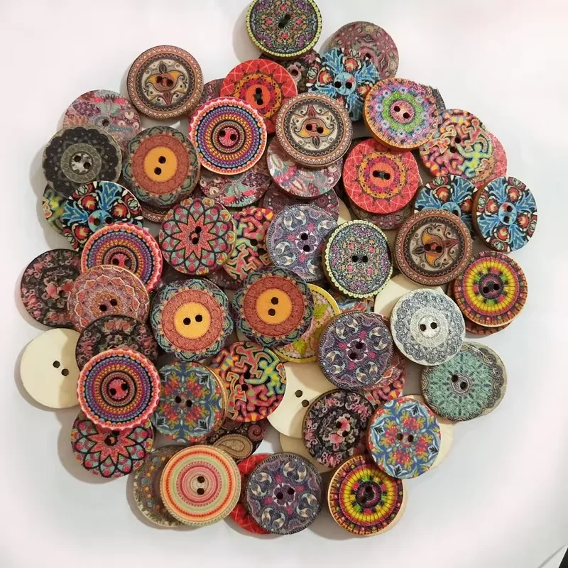 50/100PCS Vintage Painted Printed Wooden Buttons -15mm 20mm 25mm DIY Craft Accessories Handmade Exquisitely Decorated