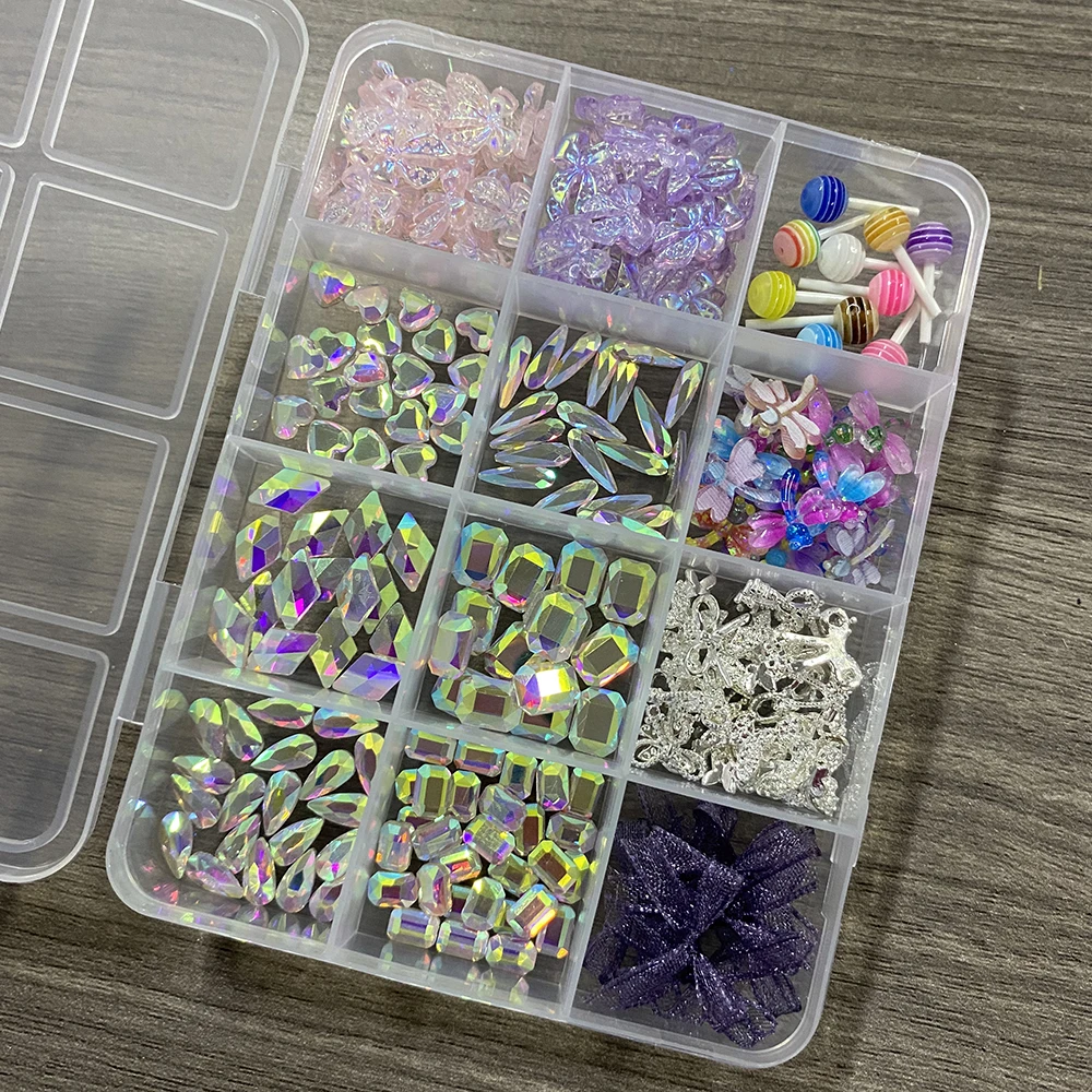 12 Siatek 3D Mieszane AB Diamentowe Fioletowe Aurora Kokardki Ozdoby do Paznokci z Kokardką z Organzy Lizak Cyrkonie do Paznokci DIY Akcesoria do Manicure