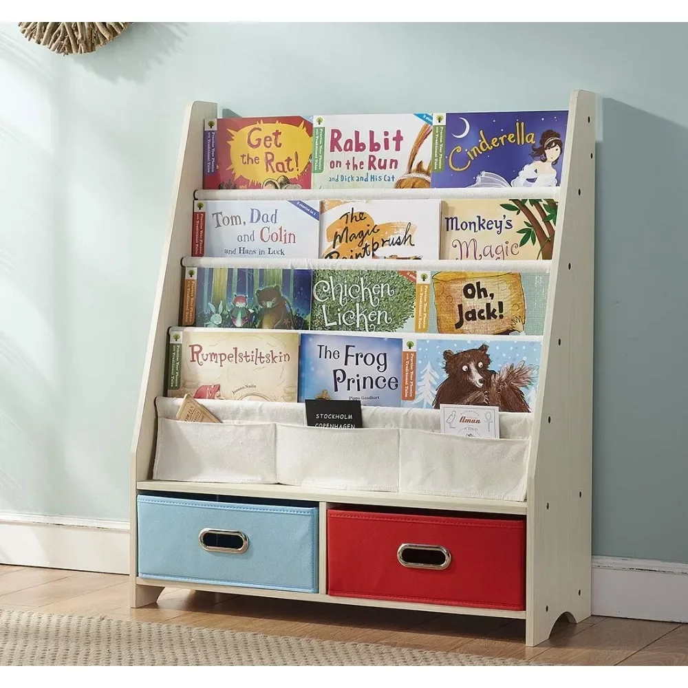 

Children's bookshelf, 4 strap bookshelves, 2 storage boxes and toy storage shelves, beige children's bookshelf