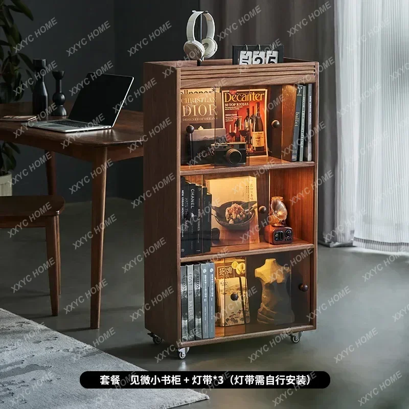 XXDust-Proof Bookcase with Glass Door Black Walnut Bookshelf Living Room Home Floor Magazine Solid Wood Locker
