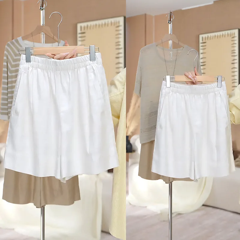 شورت نسائي من الكتان، ملابس صيفية بيضاء رفيعة، شورت متوسط الطول كاجوال بخمس نقاط