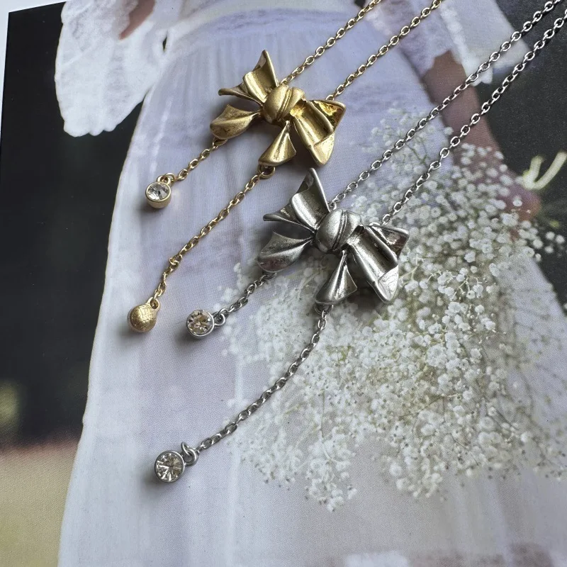 OS Minimalist Elegant Bow Pendant Necklace for Women, Dainty Tassel CZ Choker Chain, Versatile Layering Jewelry for Daily Wear